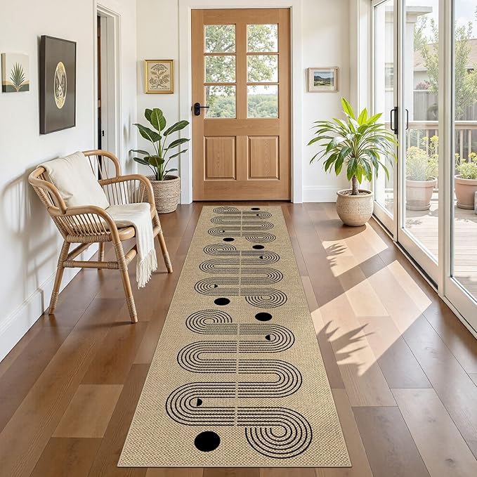 Kitchen Runner Rugs for Hallway, 2x8 Washable Farmhouse Non Slip Outdoor Runners Rug for Bedroom Porch Laundry Bathroom Geometric Brown