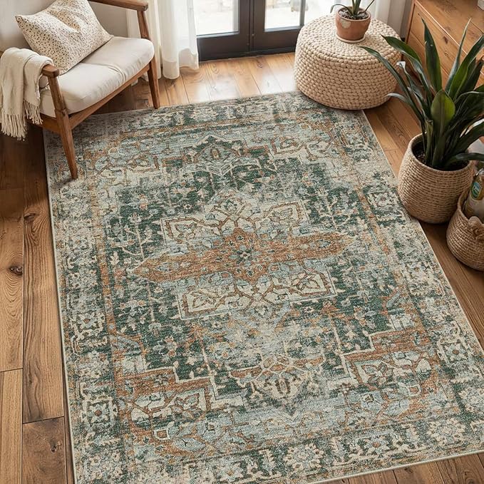 3x5 Rug for Entryway Bedroom, Green 3x5 Washable Area Rug, Vintage Retro Boho Throw Rug, Non Slip & Low Pile Small Carpet for Indoor Kitchen, Bedside, Living Room, Bathroom and Dining