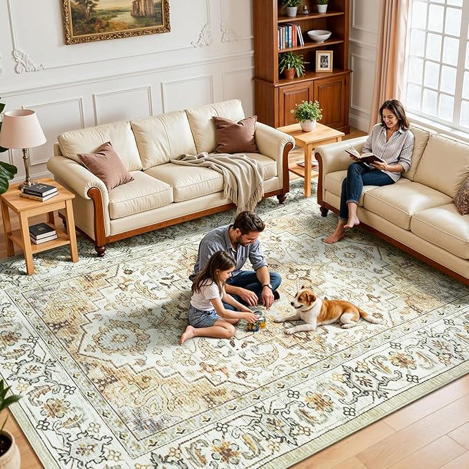 Lessymo 8 x 10 Area Rugs for Living Room, Machine Washable Area Rugs Boho Faux Wool Low Pile Area Rug for Bedroom, Floral Medallion Vintage Rugs with Non-Slip Rubber, Kid & Pet Friendly,Beige