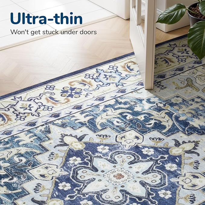Lessymo 8 x 10 Area Rugs for Living Room, Machine Washable Area Rugs Boho Faux Wool Low Pile Area Rug for Bedroom, Floral Medallion Vintage Rugs with Non-Slip Rubber, Kid & Pet Friendly,Dark Blue