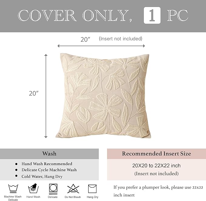 BlissBlush 20x20 Throw Pillow Cover, Square Neutral Beige Decorative Cushion Cover for Couch Sofa, Embroidered Velvet Farmhouse Accent Pillowcase (Cover Only)