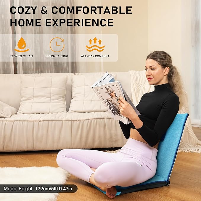 Floor Chair with Back Support 14-Position Adjustable Floor Chair Portable Ground Seating for Adults Foldable Meditation Seat with Japanese KOYO Bearings & Washable Linen Cover (Bright Blue)