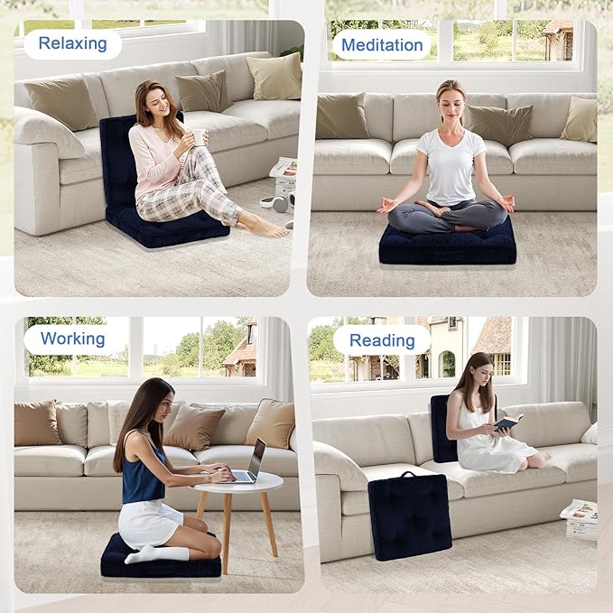 Square Floor Pillow for Adults, Tufted Floor Cushion for Sitting, Large Meditation Cushion, Thick Corduroy Seat with Handle, Tatami Seating for Yoga, 22x22 Inch Navy Blue, 1Pack