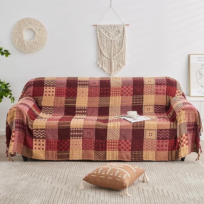 Boho Throw Blanket,Patchwork Large Blankets for Sofa Double Bed Armchair Couch,Weighted Soft Furniture Throws,Tassels Chenille Throws and Blankets for Bohemian Decor (86"*102")…