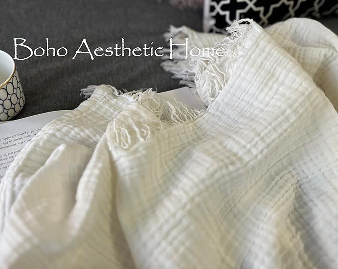 KyraHome 100% Cotton Blanket 60"x80" Large Muslin Throw Blankets for Adults, Couch, Picnic, Travel, Plant Dyed Pre-Washed Breathable Lightweight Soft Gauze Blanket, All Season, White