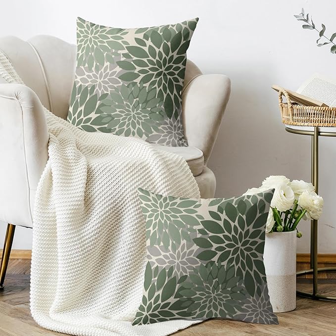 Sage Green Flower Pillow Covers 20X20 Inch Set of 2, Grey Gray Dahlia Floral Spring Summer Cream Decorative Throw Pillow Covers Outdoor Modern Farmhouse Cushion Case for Home Couch Sofa Bed Decor