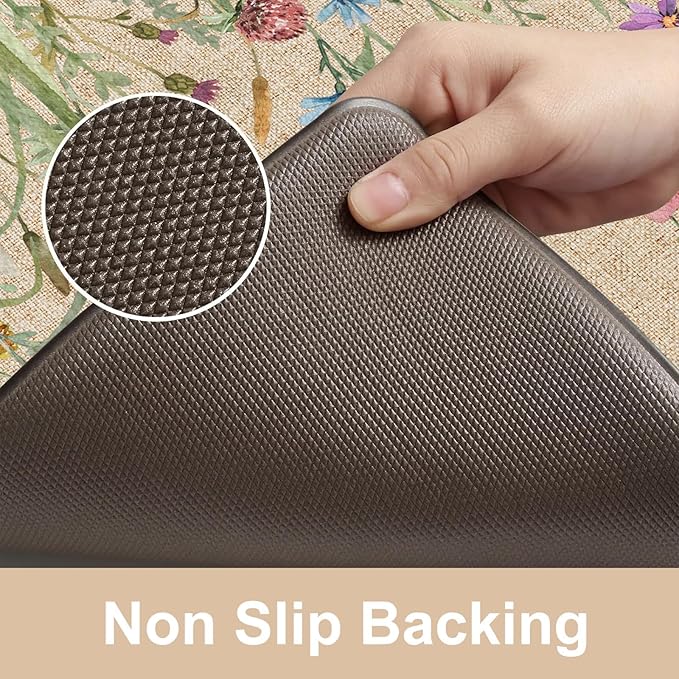 KIMODE Kitchen Anti Fatigue Mats, Farmhouse Flower Kitchen Rugs Sets of 2, Memory Foam Kitchen Mats for Floor, Waterproof Non Skid Standing Mats for Sink Laundry Office Desk Brown 20"x71"+20"x32"
