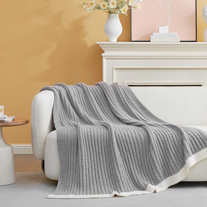 Snuggle Sac Fluffy Ribbed Grey Blanket Twin Size, Soft Luxurious Knit Fuzzy Microfiber Blankets for Couch, Sofa, Bed, Grey, 60x80 inches