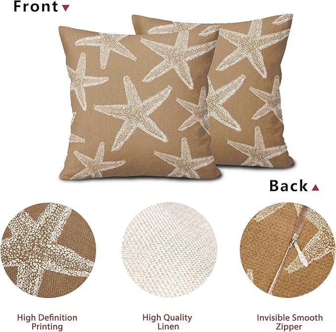 Kawani Tan Brown Starfish Ocean Pillow Covers 16X16 Inch Summer Nautical Coastal Beach Decorative Pillow Cases Set of 2 Cotton Linen Throw Pillows Seasonal Home Decor for Sofa Couch Cushion Outdoor