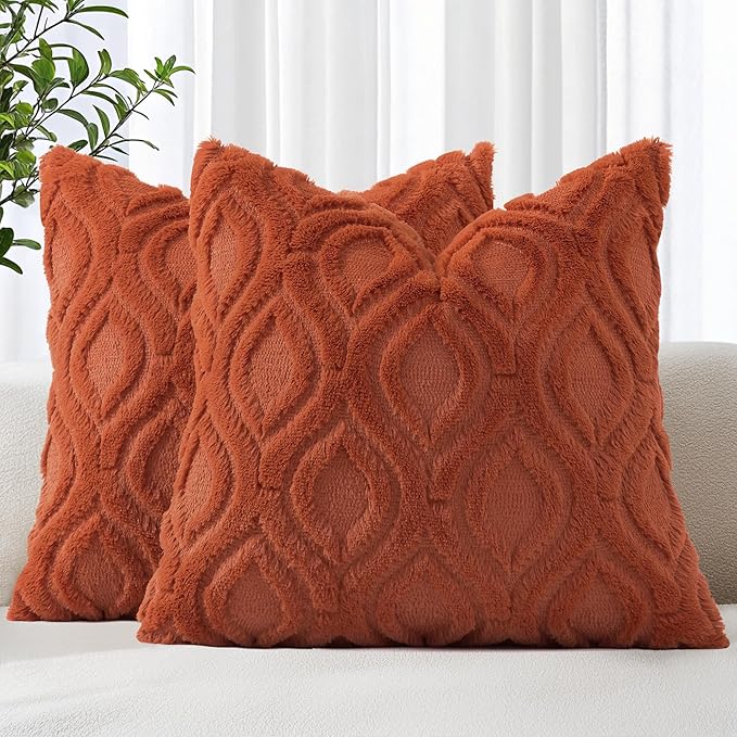 decorUhome Cozy Textured Throw Pillow Covers 16x16 Inch Set of 2, Soft Plush Faux Wool Rust Accent Couch Pillow Covers for Modern Farmhouse Sofa Bed Living Room