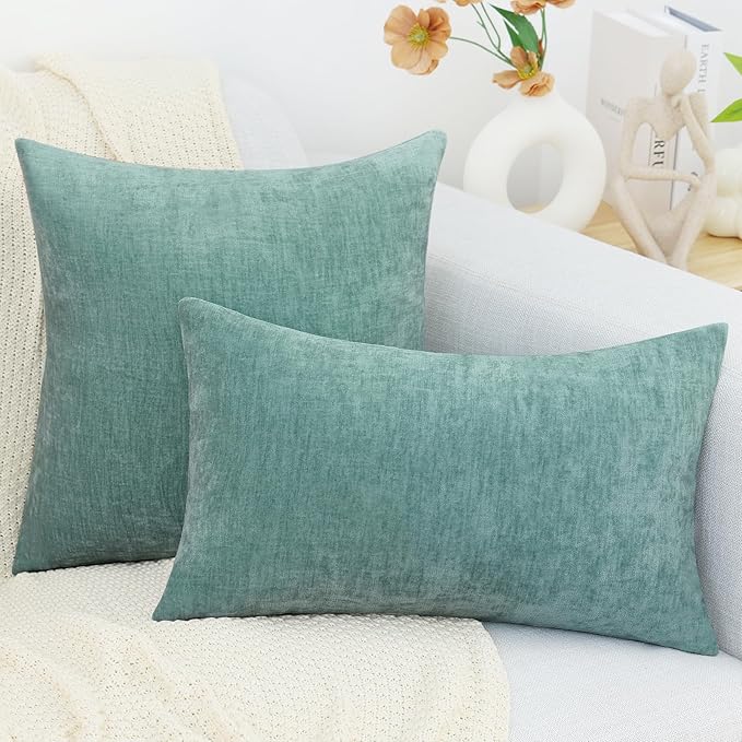 decorUhome Chenille Aqua Haze Spring Throw Pillow Covers 20x20 Inch Set of 2, Decorative Soft Couch Pillow Covers Solid Dyed Accent Farmhouse Neutral Square Pillow Cases for Sofa