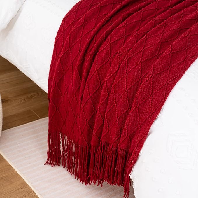 BATTILO HOME Christmas Decor Red Throw Blanket for Couch, Boho Bed Throws for Foot of Bed, Decorative Red Throws for Sofa Living Room, 50"x60"
