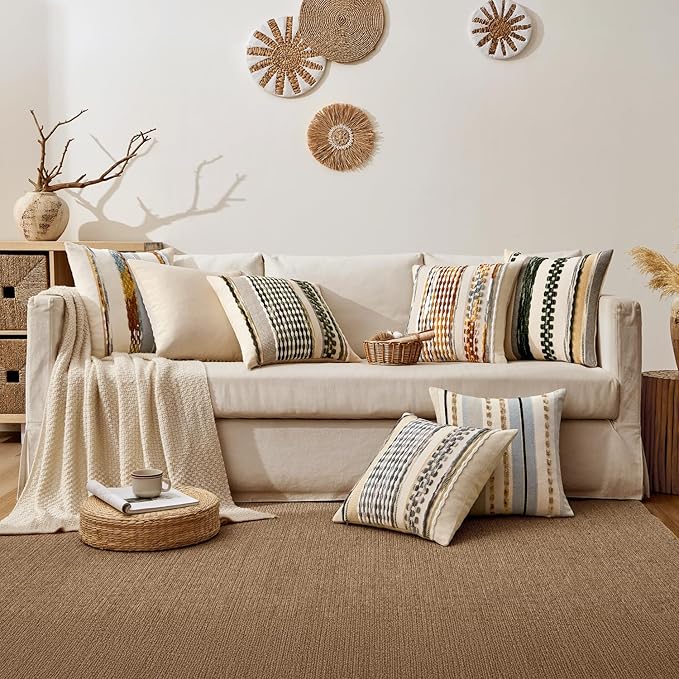 ANRODUO Pack of 2 Boho Decorative Throw Pillow Covers 18x18 Farmhouse Cushion Case Striped Chenille Pillow Cases Square Pillow Covers Accent Neutral Pillowcase for Sofa Couch Bed,Brown Stripe
