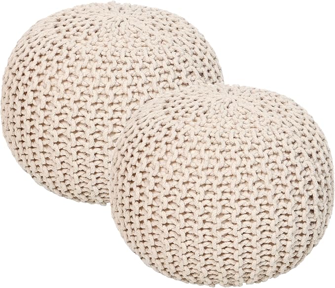 REDEARTH · Round Pouf Ottoman - Hand Knitted Cable Boho Poof Home Décor Pouffe Circular Footrest for Living Room - Nursery - Bedroom - Lounge 100% Cotton (19.5"x19.5"x14") - Ivory, Set of 2