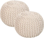 REDEARTH · Round Pouf Ottoman - Hand Knitted Cable Boho Poof Home Décor Pouffe Circular Footrest for Living Room - Nursery - Bedroom - Lounge 100% Cotton (19.5"x19.5"x14") - Ivory, Set of 2