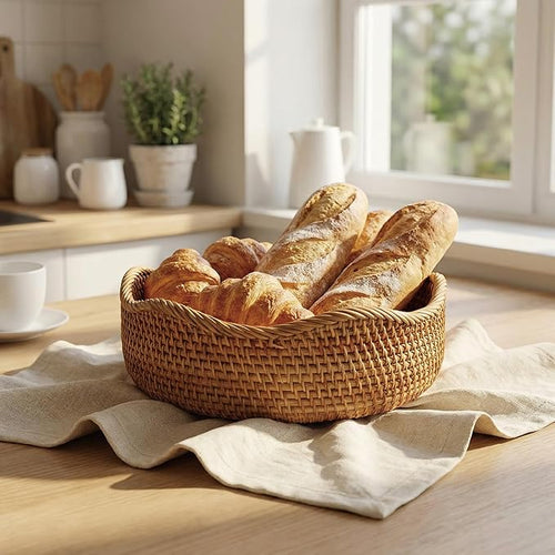 11.2” Bread Basket, Wicker Basket Rattan Fruit Bowls, Decorative Bread Baskets, Large Handwoven Storage Basket, Natural Serving Bowls Kitchen Counter Coffee Table Organizing Dining Room Vegetable