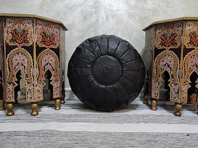 ARTOUARZAZATE Premium Moroccan Leather Pouf Cover, Ottoman Footstool Hassock 100% Real Natural Leather pouffe, Home Gifts, Wedding Gifts, Foot Stool (All Black)