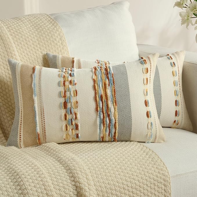 FUTEI Rust Blue Yellow Decorative Throw Pillow Covers 12x20 Inch Set of 2, Soft Tufted Striped Textured Accent Pillow Case,Boho Pillows for Couch Decor