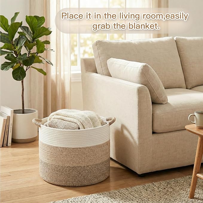 100L Large Cotton Rope Basket, Decorative Woven Blanket Storage for Living Room, Boho Toy Storage & Toy Box for Kids, Versatile Laundry Basket & Nursery Hamper for Blankets(BrownYellow)