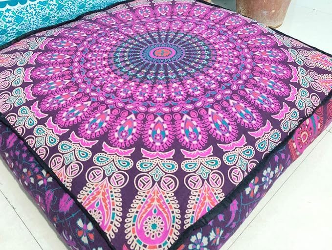 CRAFT KALA Mandala Floor Pillow Cushion Cover Seating Throw Cover Hippie Decorative Bohemian Ottoman Poufs Pom Pom Pillow Cases Boho Indian Cotton Living Room Yoga Home Décor (24" Square Pink Peacock)