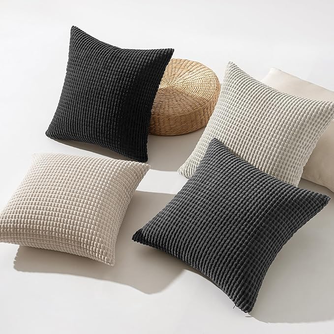 MIULEE Neutral Cream/Grey Decorative Pillow Covers 18x18 Inch Set of 4 Boho Western Farmhouse Throw Pillows Corduroy Couch Pillowcases Industrial Home Decor for Sofa Living Room Bed