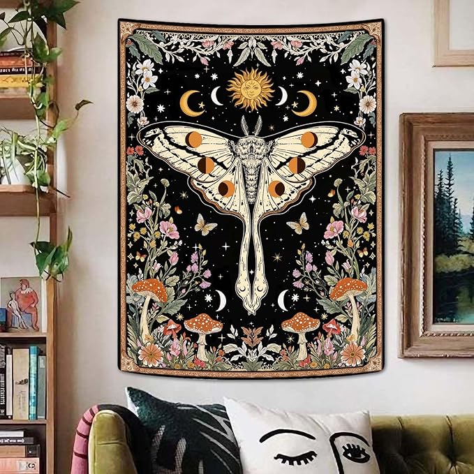 Aipon Boho Moth Tapestry Vintage Floral Flowers Tapestries Aesthetic Retro Mushroom Tapestries for Bedroom Sun and Moon Indie Small Tapestry Wall Hanging for Living Room Dorm 40 x 30 Inch