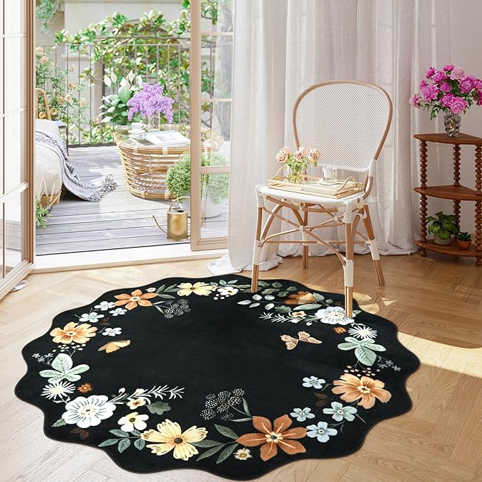 Lahome Floral Washable Round Rugs, Non-Slip Soft Round Rug 4ft Ultra-Thin, Small Boho Circle Carpet for Entryway Kitchen Bedroom Nursery Bathroom Flore, Black/Grey