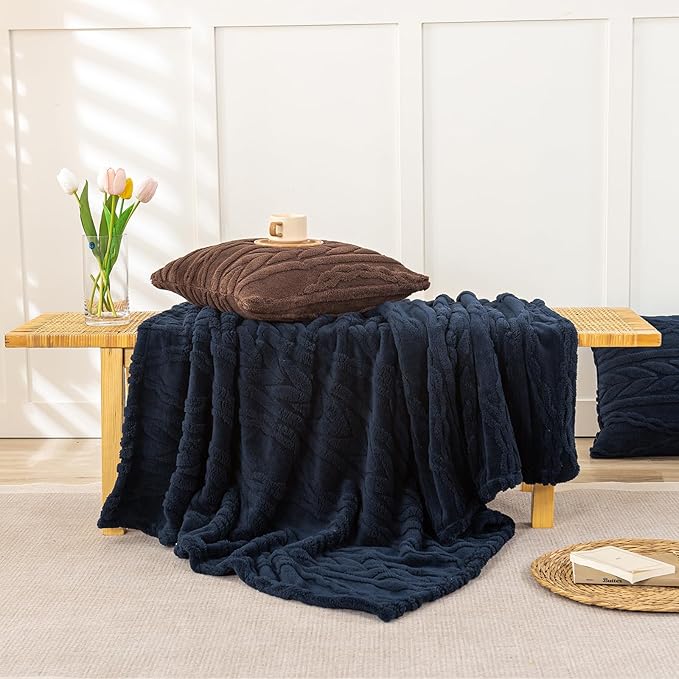 YUSOKI Sherpa Large Throw Blanket Single Layer,Light Weight(1.7lb),370GMS-3D Stylish Design for Gift Home Decor (Navy,50"x65")
