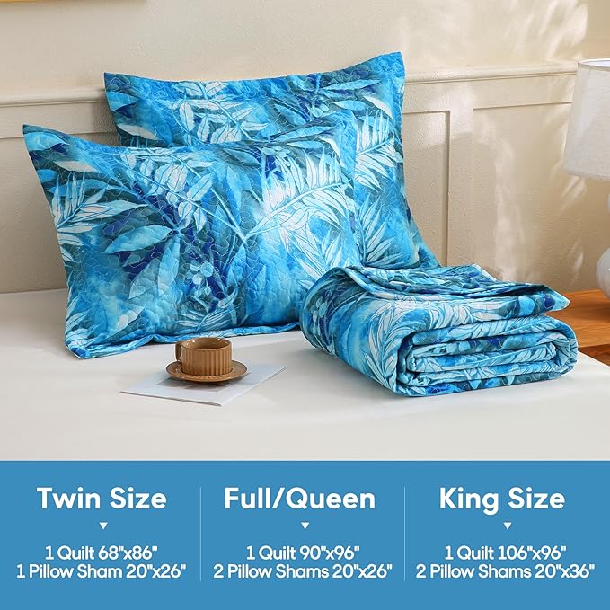 JSD Teal Blue Tropical Leaves Quilt Set Twin Size, 2 Piece Printed Bedspreads Coverlet with Pillow Sham, Lightweight Quilted Blanket