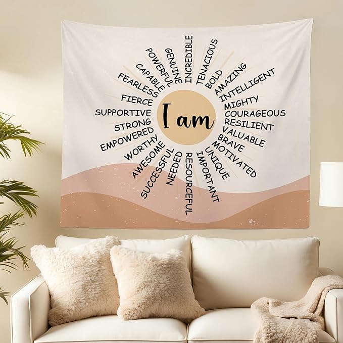 MNOSAIOO Inspirational Boho Sun Wall Tapestry Hanging for Classroom Kids, I Am Brave Important Tapestry, Motivational Mental Health Tapestries Wall Decor for Bedroom Therapy Office Home 60x50 inch