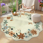 Lahome Floral Washable Round Rugs, Non-Slip Soft Round Rug 4ft Ultra-Thin, Small Boho Circle Carpet for Entryway Kitchen Bedroom Nursery Bathroom Flore, Beige