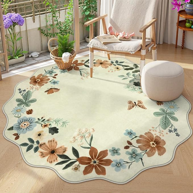 Lahome Floral Washable Round Rugs, Non-Slip Soft Round Rug 4ft Ultra-Thin, Small Boho Circle Carpet for Entryway Kitchen Bedroom Nursery Bathroom Flore, Beige