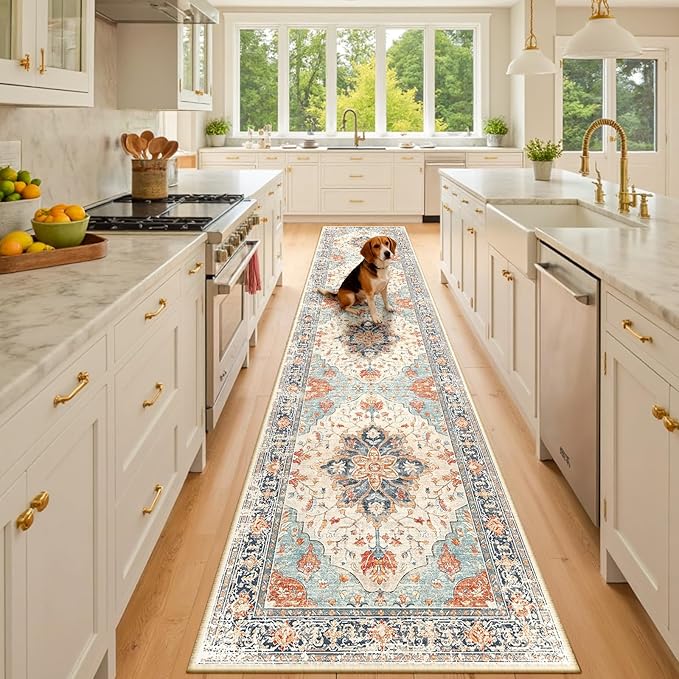 Area Rugs 3'x10' Runner Rug Non Slip Washable for Kitchen Hallway Bedroom Beside Laundry Room Bathroom Rug, Floor Carpet, Beige Navy Blue Orange Colorful