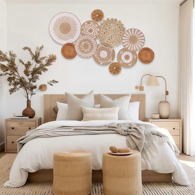 Boho Wall Basket Decor Set of 11 - Hanging Woven Bulrush Basket Wall Decor, Handcrafted Round Flat Baskets Wall Art, for Rustic Farmhouse、Home - Unique Rattan Wicker Wall Decor（White Retro）