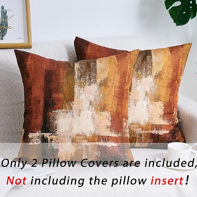 Burnt Orange Abstract Pillow Covers 22x22 Abstract Rust Art Painting Decorative Throw Pillowcase Modern Artwork Square Couch Cushion Cover for Living Room Sofa Accent Home Decor, Set of 2