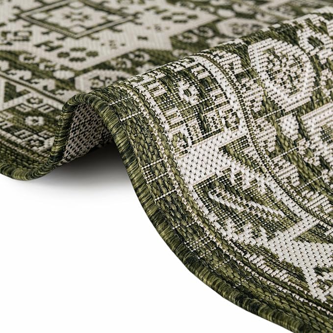 Rugs.com Outdoor Aztec Collection Rug – 13 Ft Square Green Flatweave-Pile Rug Perfect for Living Rooms, Kitchens, Entryways
