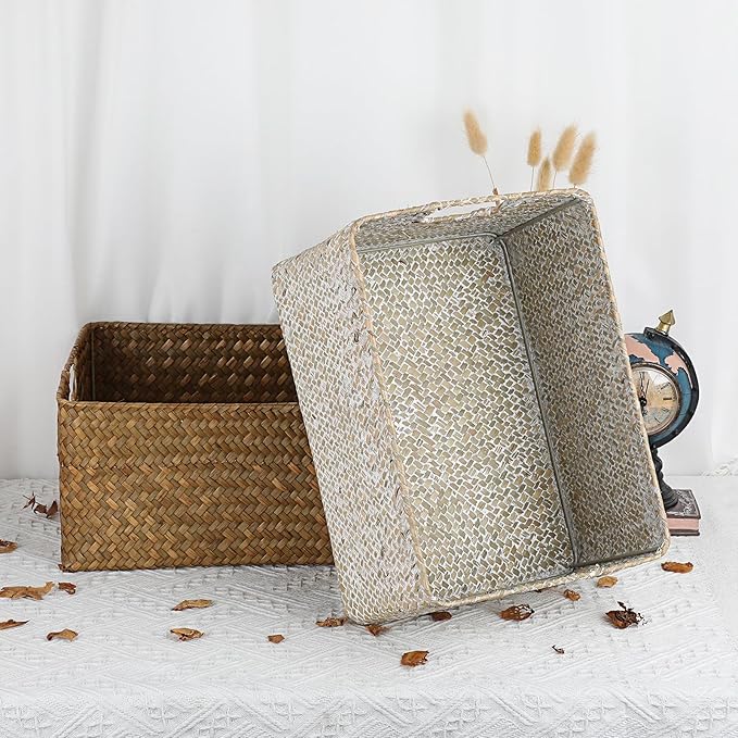 Hipiwe Seagrass Storage Basket Bin Rectangular Handwoven Wicker Storage Box with Handle Opened Baskets Box for Shelf Organizing Closet Bathroom, Caramel, Medium