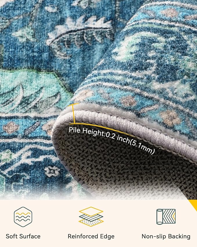 Area Rugs 3'x5' Washable Non-Slip, Floral Vintage Distress Print Pattern Medallion Carpet for Living Room Bedroom Dining Room, Teal Green Lake Blue Turquoise