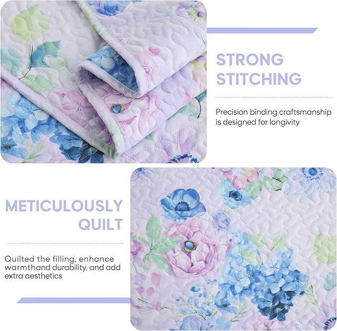 JSD Hydrangea Floral Quilt Set Twin Size, 2 Piece Printed Bedspreads Coverlet with Pillow Sham, Lightweight Quilted Blanket