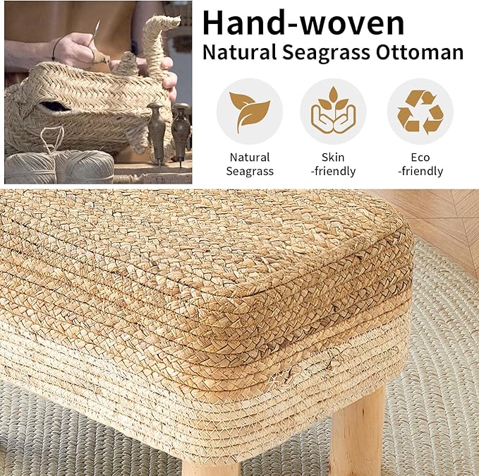 Ottoman Foot Stool Rectangular Footrest Natural Seagrass Footstool with Wooden Legs Hand Weave Multifunctional Modern Dressing Stool, Sofa Side Table for Bedroom for Living Room (White)