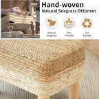 Ottoman Foot Stool Rectangular Footrest Natural Seagrass Footstool with Wooden Legs Hand Weave Multifunctional Modern Dressing Stool, Sofa Side Table for Bedroom for Living Room (White)