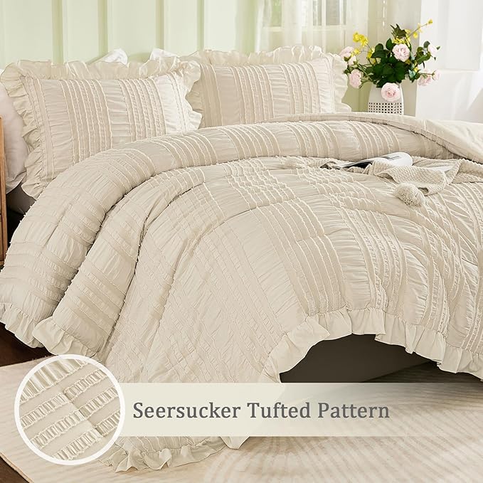 WONGS BEDDING Beige Textured Comforter Set King,3 Pieces Ruffle Farmhouse Shabby Chic Comforter for Queen Bed,Soft Seersucker Boho Bedding Set with 1 Ruffle Comforter,2 Tufted Pillowcases 104"×90"