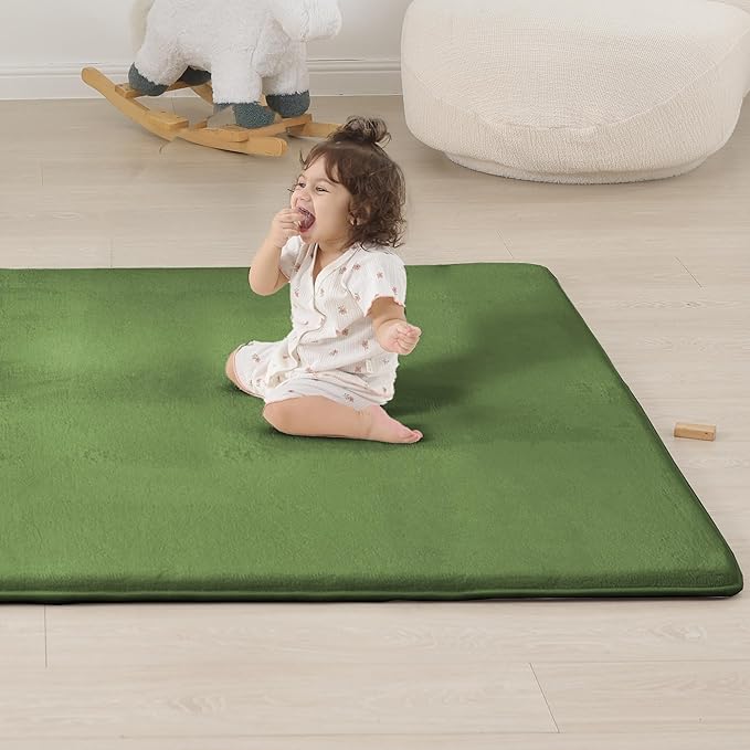 1.3" Thick Baby Play Mat for Floor, 79x79 Playpen Mat, Pro Soft Flannel Foam Mats Toddler Infant Kids Crawling for Nursery Rug Playroom Living Room Waterproof Easy Care Non-Slip (Olive)