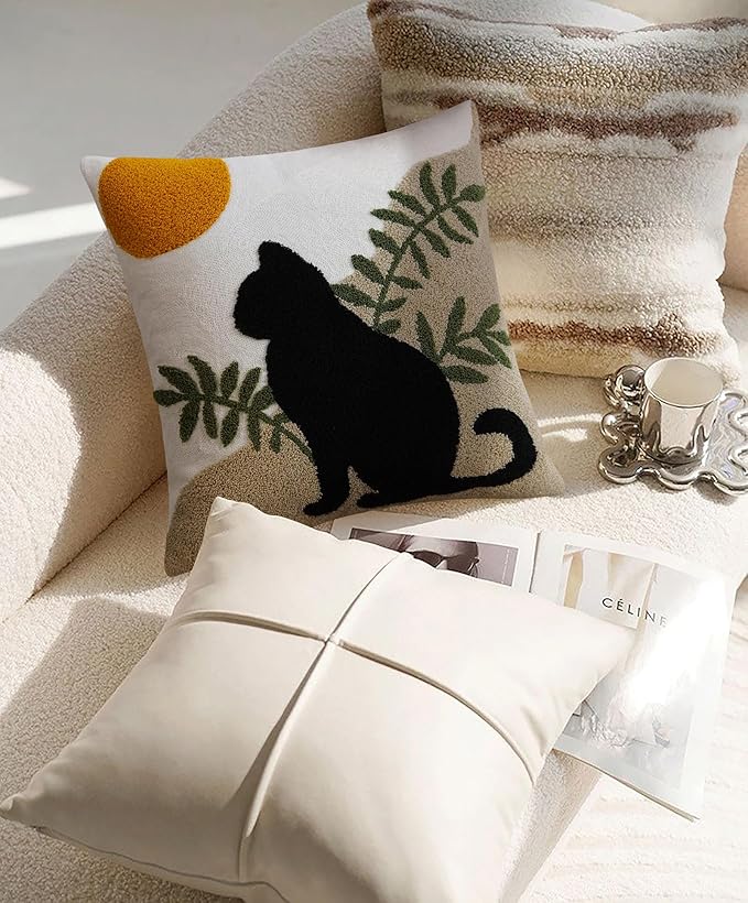 JASEN Cat Boho Throw Pillow Covers 18x18 Cute Absract Tufted Pillow Covers Cushion Case for Bed Couch Sofa Home Decor（Only 1 Pillow Cover）