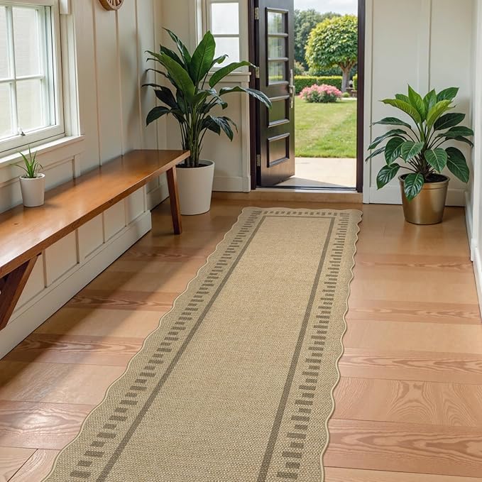 LIVEBOX Scalloped Washable 2x8 Runner Rug, Easy Jute Outdoor Rug Kitchen Tan Rugs for Hallway Entryway, Indoor Non Slip Rugs Farmhouse Geometric Carpet Door Mat for Porch Laundry Room Bedroom Boho