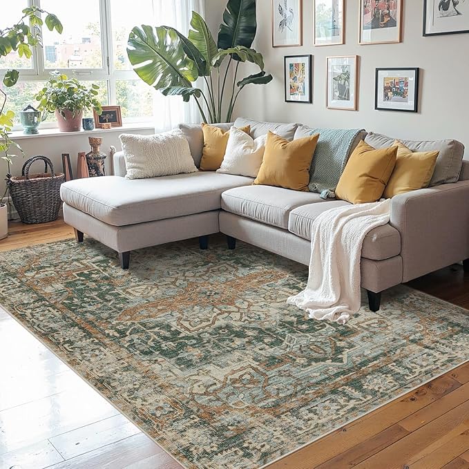 4x6 Rug for Living Room Bedroom, Green Washable Throw Rugs, Vintage Retro Boho Area Rugs, Non Slip & Low Pile Accent Throw Carpet for Indoor Dining Room, Kids Room and Office(Green 4x6ft)