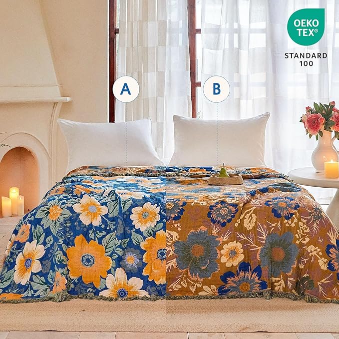 Boho Throw Blanket - 100% Cotton Ultra Soft Muslin Spring Blanket, 60"x80" Lightweight Floral Bird Framhouse Bedding Blanket for Bed, All Season Blue Bohemian Bedroom Home Decor Quilt