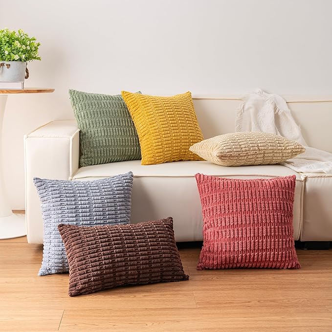 Pack of 2 Corduroy Decorative Throw Pillow Covers 22x22 Inch Soft Striped Pillow Covers Modern Farmhouse Home Decor for Sofa Living Room Couch Bed（Wine Red）