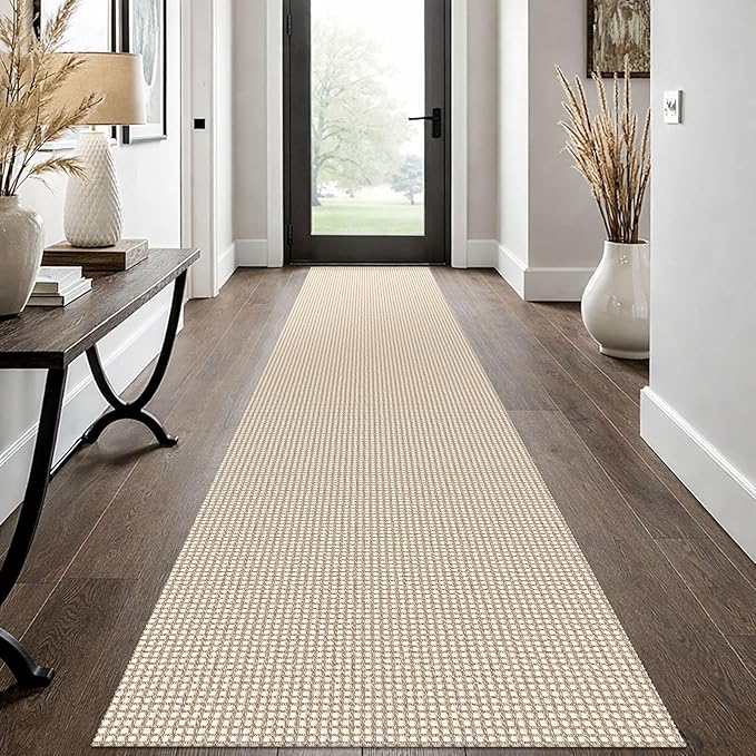 EARTHALL Woven Runner Rug 2x12 Ft Washable Runners for Hallways Extra Long Cotton Non Slip Rubber Backed Kitchen Runner Braided Indoor Floor Carpet for Entryway, Hall, Kitchen, Beige/Khaki