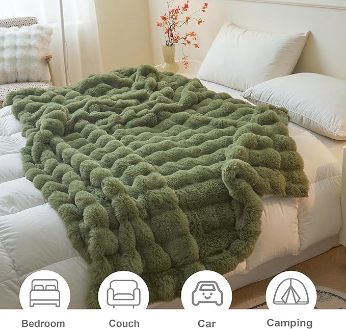 LIFEREVO Fluffy Faux Rabbit Fur Bubble Throw, Plush Shaggy Blanket for Couch Sofa Chair, Soft Cute Moss Furry Blanket Adults Kids Teens Girls, Fuzzy Throw for Bedroom Living Room, 50x60, Sage Green